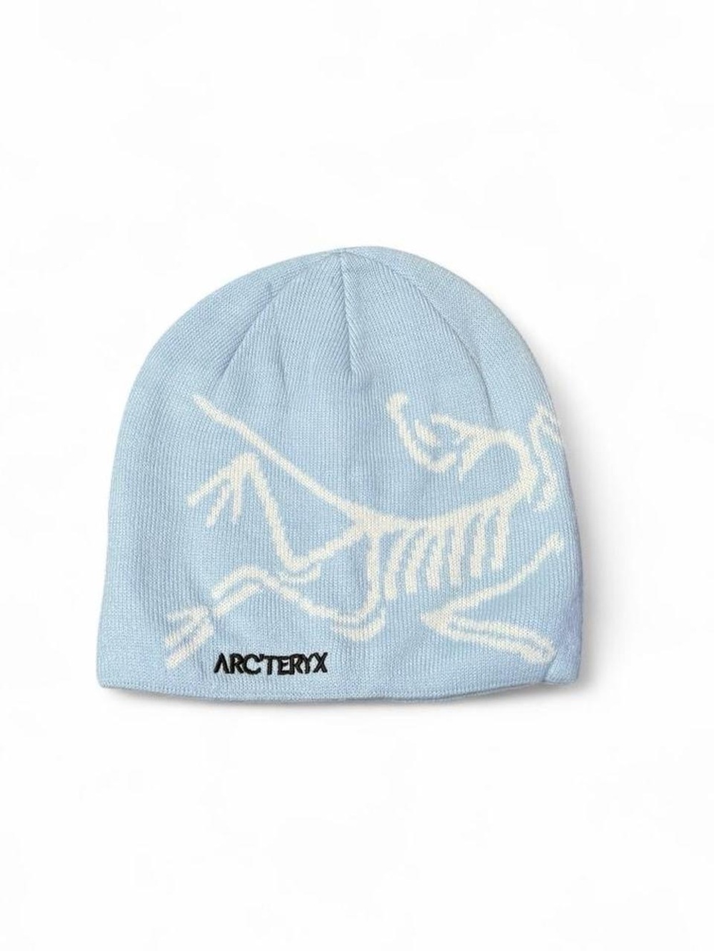 light blue and white arc bird head toque beanie